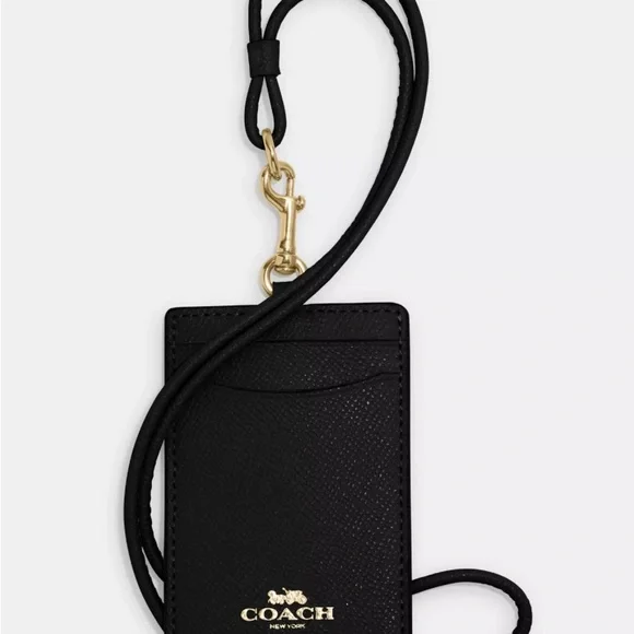 NEW - Coach Black Crossgrain Black Leather Lanyard-2 Credit Card Slots - Picture 2 of 4